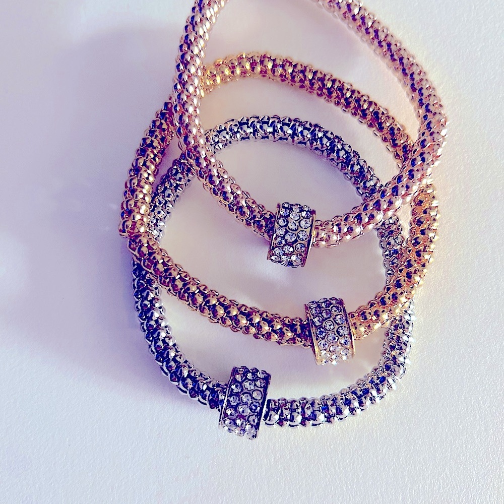 Set 3 bracelets Gold, Silver, Copper mesh w crystals stretchy, 6.5”-7”